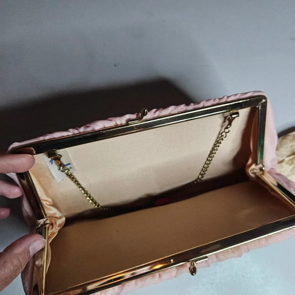 Vintage HL USA Blush Pink Chiffon Evening Clutch Bag Gold Chain Strap Wedding